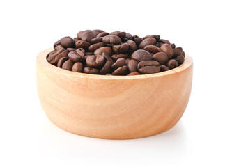 Roasted coffee bean in wooden bowl on white background.