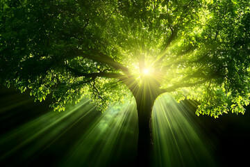 A vibrant tree with lush green leaves, illuminated by sunlight, showcasing nature's beauty and tranquility in a serene environment.