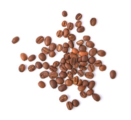 Roasted coffee beans pile from top on white