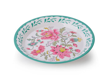 Thai enamel ware tray with flower pattern, Vintage thai traditional food tray on white background.