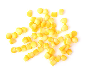 Delicious corn seeds isolated on white background. Top view