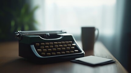 Classic typewriter on wooden desk next to coffee cup and notepad in a cozy room with soft natural light