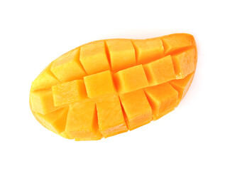Mango slice cut in cube isolated on white background. top view