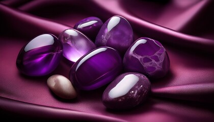 Edelstein: Amethyst, Trommelsteine auf weinrotem Seidentuch