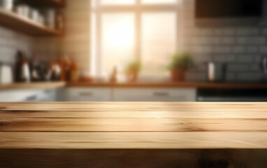 A warm kitchen setting with a wooden countertop, perfect for serving delicious meals or drinks, illuminated by natural sunlight.