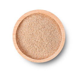 Ground Roasted Glutinous Rice in wooden bowl isolated on white background. Top view