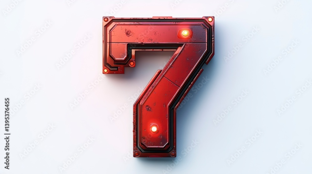 Poster Red metallic number seven with glowing elements on a white background.