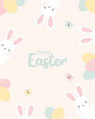 Easter greeting card with cute Easter bunnies and Easter eggs on pastel beige background. Flat vector illustration