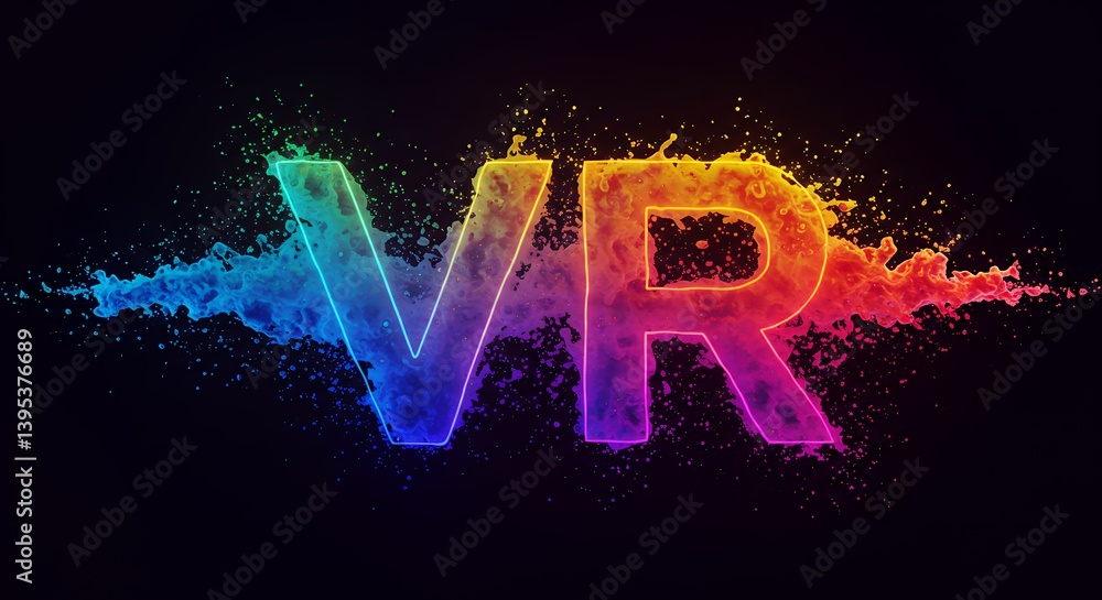 Poster vibrant vr text art with splashes of neon color on a black background depicting virtual reality tech