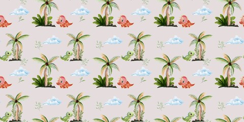 seamless pattern of dinosaurs and palm trees, design for textiles © Aleksandra