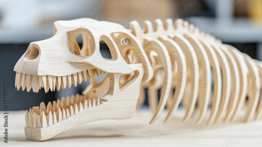Poster puppet making concept, close-up of a wooden puppet skeleton frame displayed on a table in a workshop