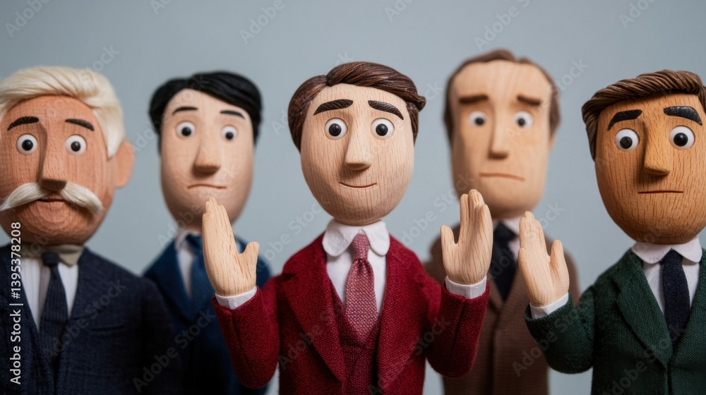 Poster puppet making concept, hand-carved puppets in different poses capturing unique expressions and detai