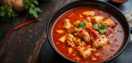  Fiery Broth Chicken Soup with a Kick, Bold Flavors, Asian Inspired, Powerful Aromas, Bold Red Accents