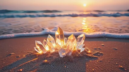 Close-up of Sparkling Crystals on Sandy Beach at Sunrise