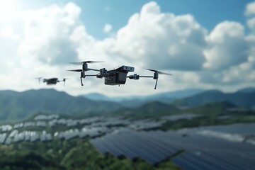 Global network of blade turbines and solar fields tracked by orbiting AI drone, 3D illustration