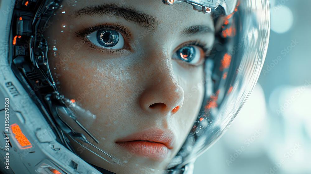 Poster futuristic android portrait: human-like ai robotic design with helmet details