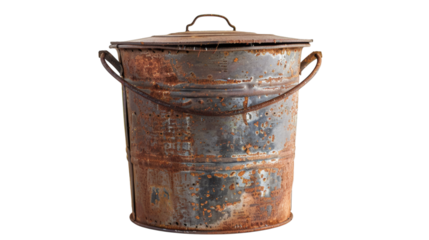 Old rusty metal trash can isolated on white