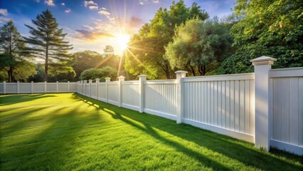 Serene sunset illuminates a pristine white vinyl fence enclosing a lush green lawn, creating a picture of peaceful suburban tranquility.