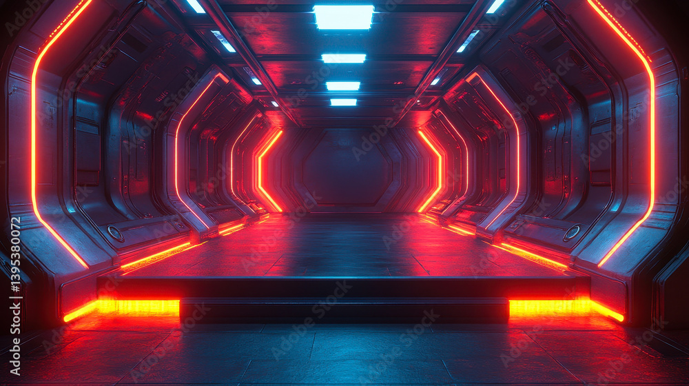 Aufkleber futuristic cyberpunk hexagon podium in a dark spaceship with neon glow for sci-fi tech display