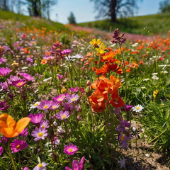 Fototapeta premium Colorful flowers meadow in a spring day