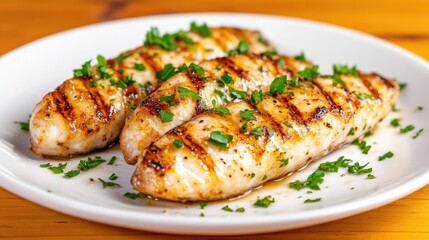 Grilled fish fillets, seasoned and garnished
