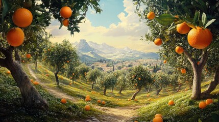 orange grove landscape with mountain village