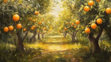 orange grove path sunlight landscape painting