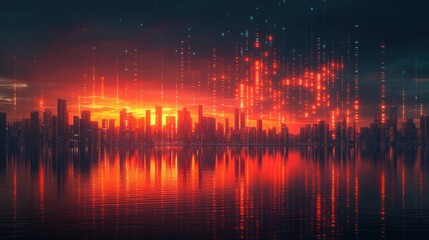 Fototapeta premium Cyberpunk Cityscape at Sunset: A Digital Metropolis Reflecting in Calm Waters