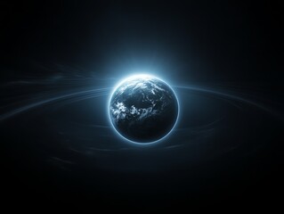 Fototapeta premium Planet partially enveloped by solar shield and rotating ring of turbine satellites