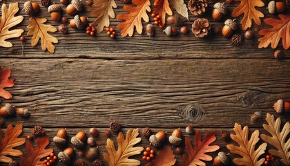 Autumn Harvest Background Rustic Wooden Texture with Fall Leaves and Acorns