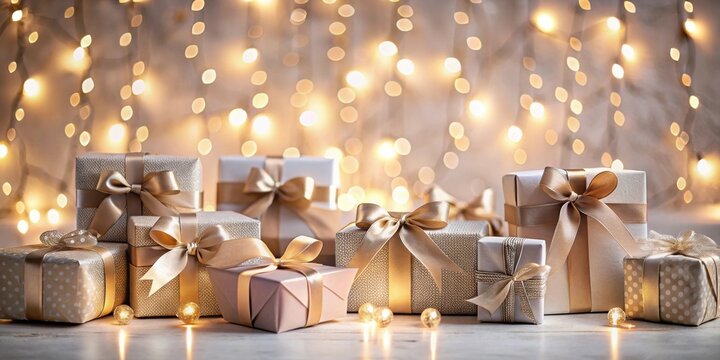 A collection of elegant, gold and cream gift boxes adorned with satin ribbons, beautifully arranged against a soft bokeh background of warm string lights.