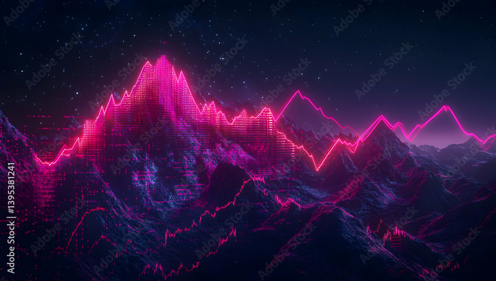 Poster a neon-glowing mountain range with sharp peaks and valleys filled with digital data, symbolizing the
