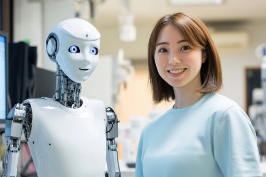 A Japanese woman is smiling and standing next to an AI robot in a laboratory, wearing light blue.