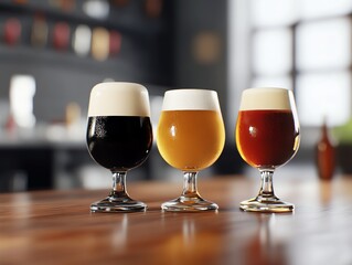 Diverse beer glass types toasting above wood counter, closeup shot, 3D illustration