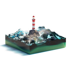 Lighthouse on a rock with ship in a stormy sea on white background. Isometric View. 3D Rendering