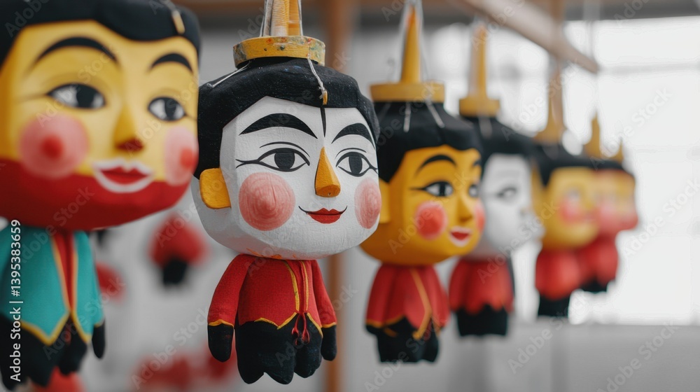 Poster puppet making concept, high angle shot of colorful puppets hanging in a bright and vibrant setting f