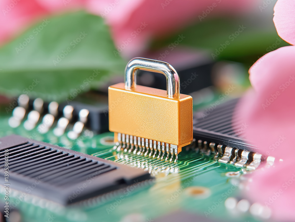 Poster padlock securely fastened on a motherboard in a high-tech environment representing online cybersecur
