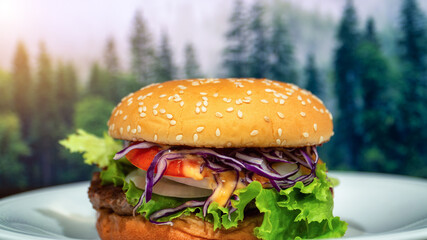 Scrumptious burger with vibrant toppings, perfect for a summer picnic.