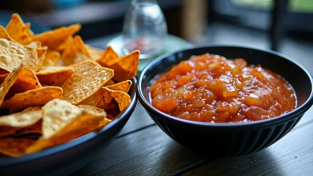 Close up of corn tortilla chips and tomato salsa in bowls, appetizers on a wooden surface for tasty snack time