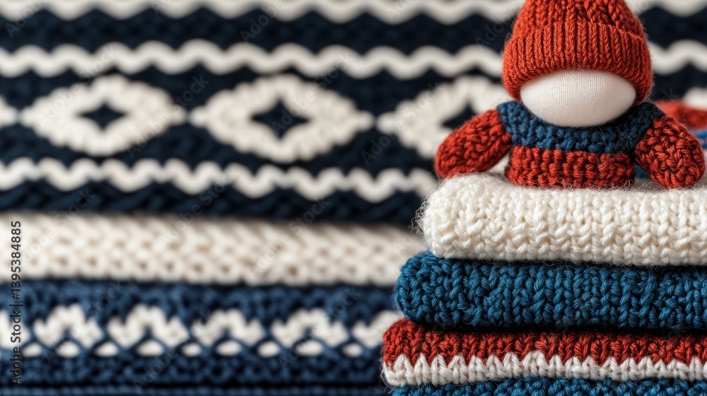 Poster puppet making concept, macro shot of tiny fabric patterns used for miniature figures with knit desig