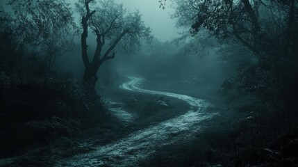 Naklejka premium Mysterious Foggy Forest Path at Night