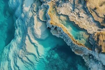 Photo of Hierapolis terraces in Pamukkale, Turkey, scanning the ground. Natural hot springs in an ancient