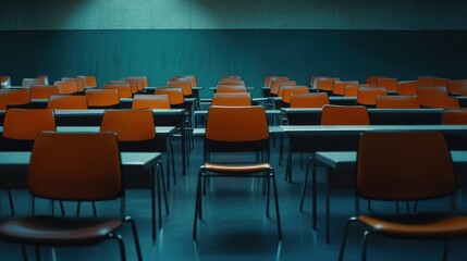 Empty Classroom with Orange Chairs and Desks