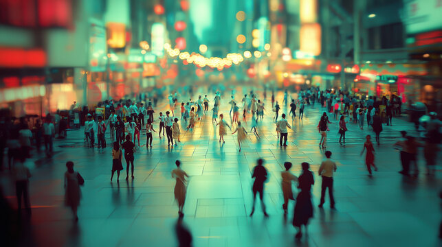 A vibrant city street at night is filled with blurred pedestrians walking amidst dazzling neon lights creating a dynamic urban scene with a couple dancing in the center.