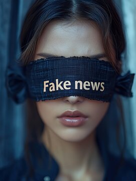 Close-up of a young woman's face with a blindfold that reads "Fake news"