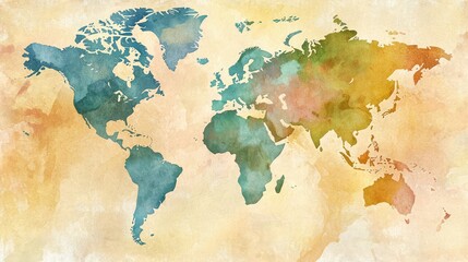 Obraz premium A watercolor-style artistic world map with soft blending colors.