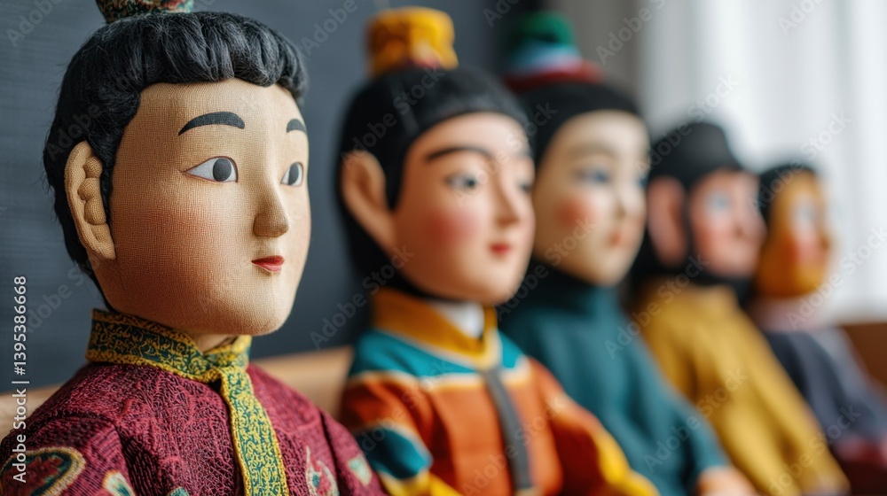 Poster puppet making concept, display of traditional puppets in various styles side by side against a minim