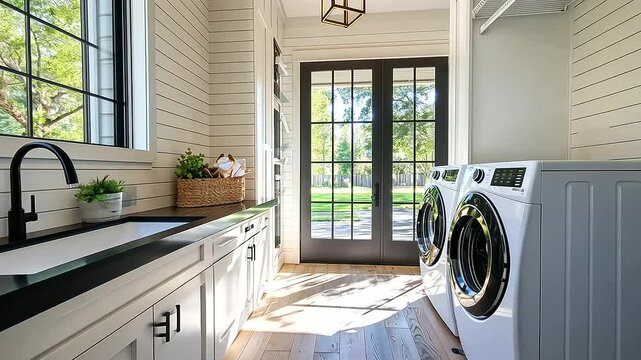 Bright modern farmhouse laundry room with shiplap walls, black hardware, a farmhouse sink, and a pristine white washer and dryer set on the right