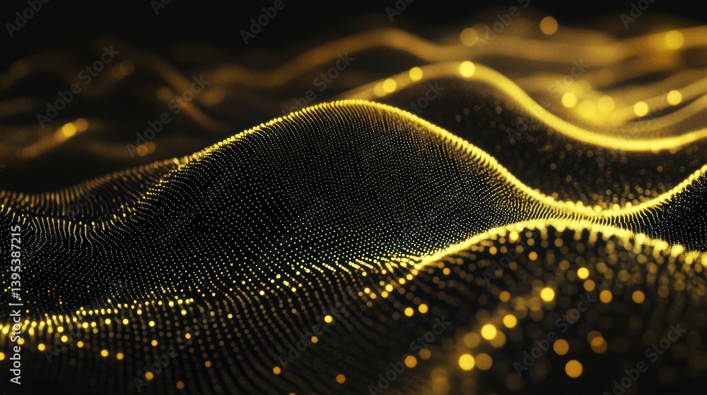Poster abstract golden wave background with glowing particles.