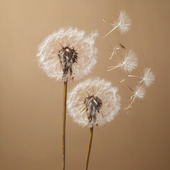 Two fluffy dandelions on a beige background with some flowing in air